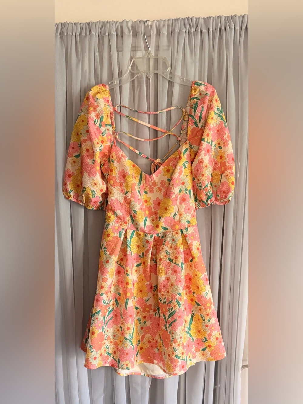 Klesis Floral Puff-Sleeve Mini Dress in Pink & Yellow Large